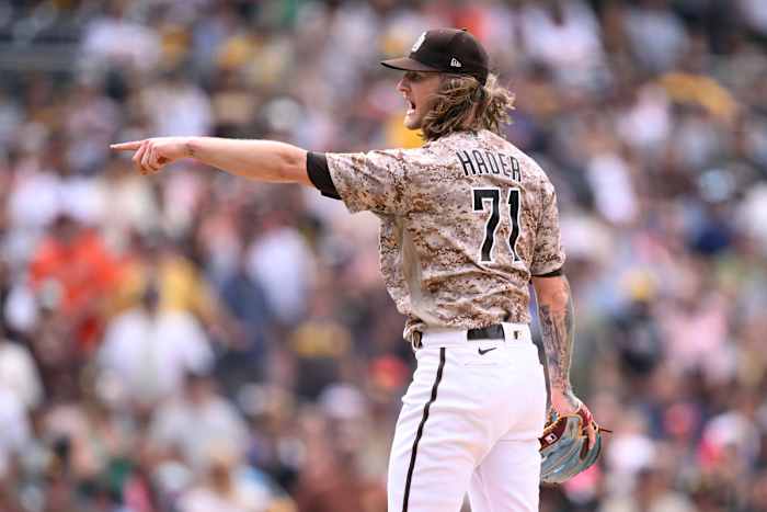 Sep 3, 2023; San Diego, California, USA; San Diego Padres relief pitcher Josh Hader (71) reacts after defeating the San Francisco Giants at Petco Park. Mandatory Credit: Orlando Ramirez-USA TODAY Sports